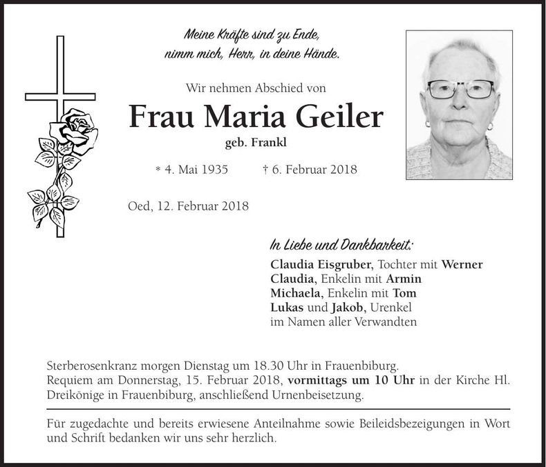 Traueranzeige Maria Geiler