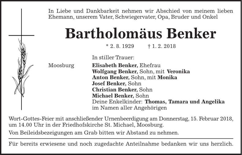 Traueranzeige Bartholomäus Benker