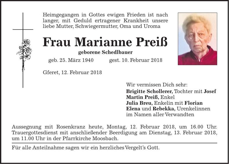 Traueranzeige Marianne Preiß