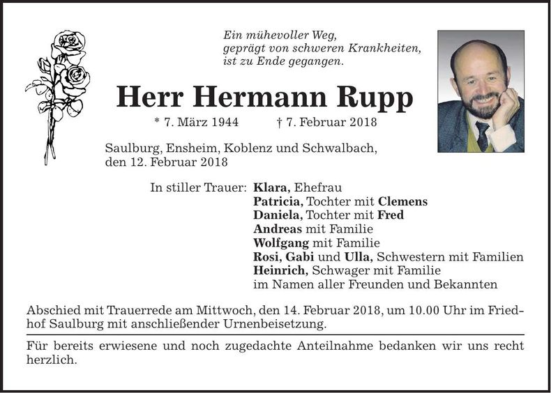 Traueranzeige Hermann Rupp