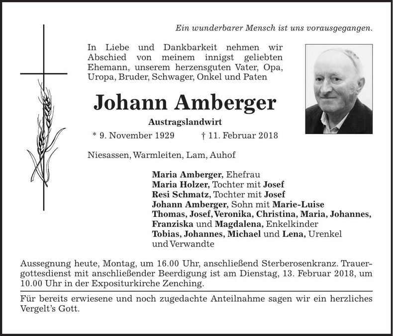 Traueranzeige Johann Amberger