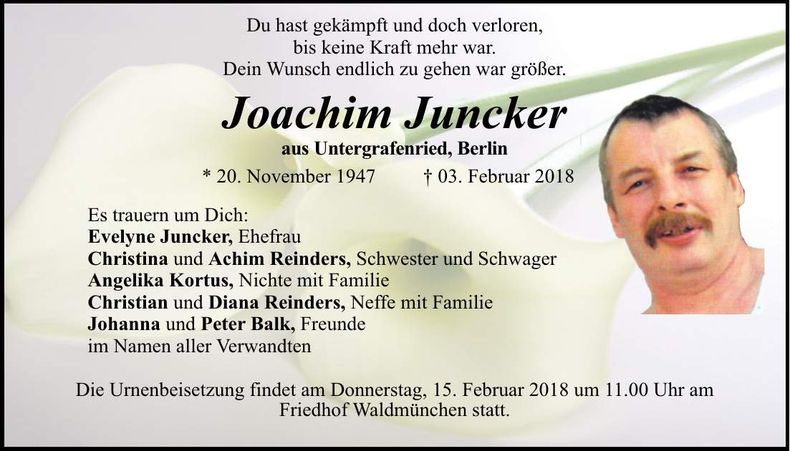 Traueranzeige Joachim Junker