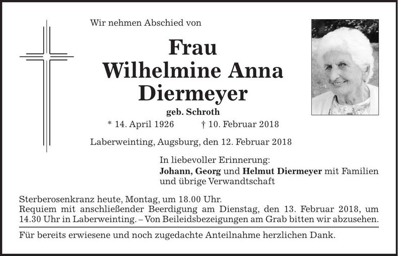 Traueranzeige Wilhelmine Anna Diermeyer