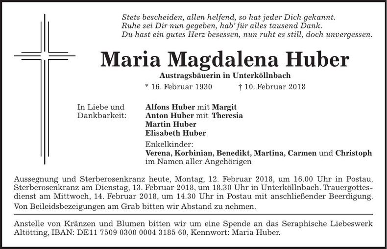 Traueranzeige Magdalena Huber