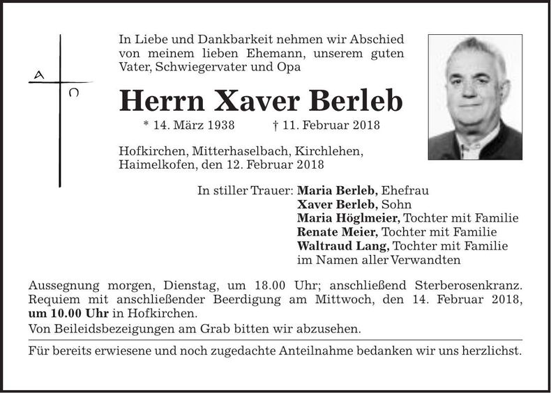 Traueranzeige Xaver Berleb