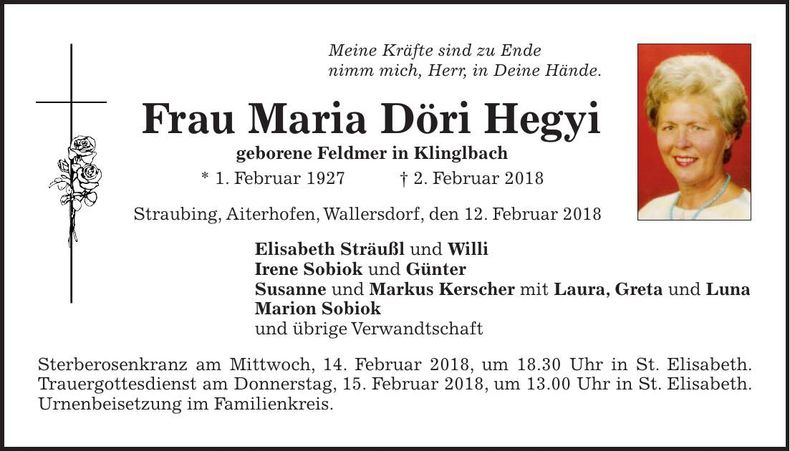Traueranzeige Maria Döri Hegy