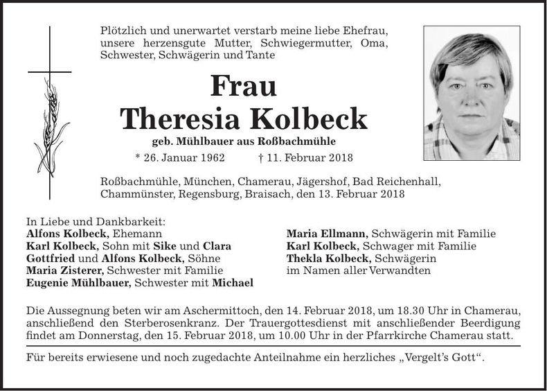 Traueranzeige Theresia Kolbeck