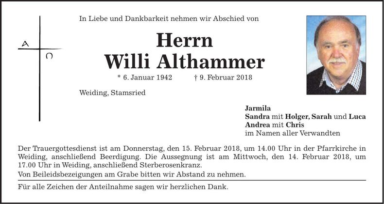 Traueranzeige Willi Althammer