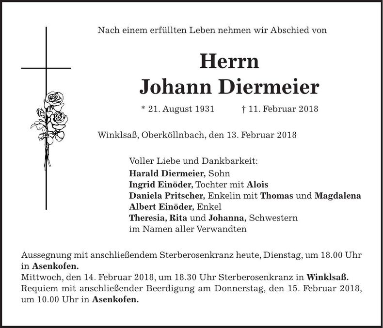 Traueranzeige Johann Diermeier