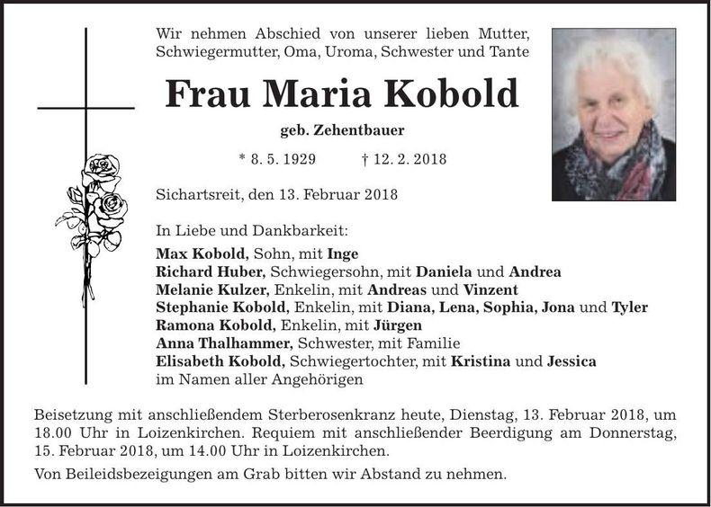 Traueranzeige Maria Kobold