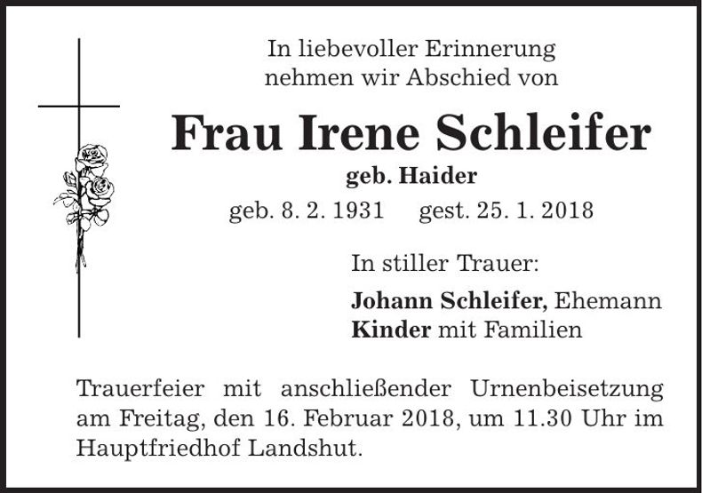Traueranzeige Irene Schleifer