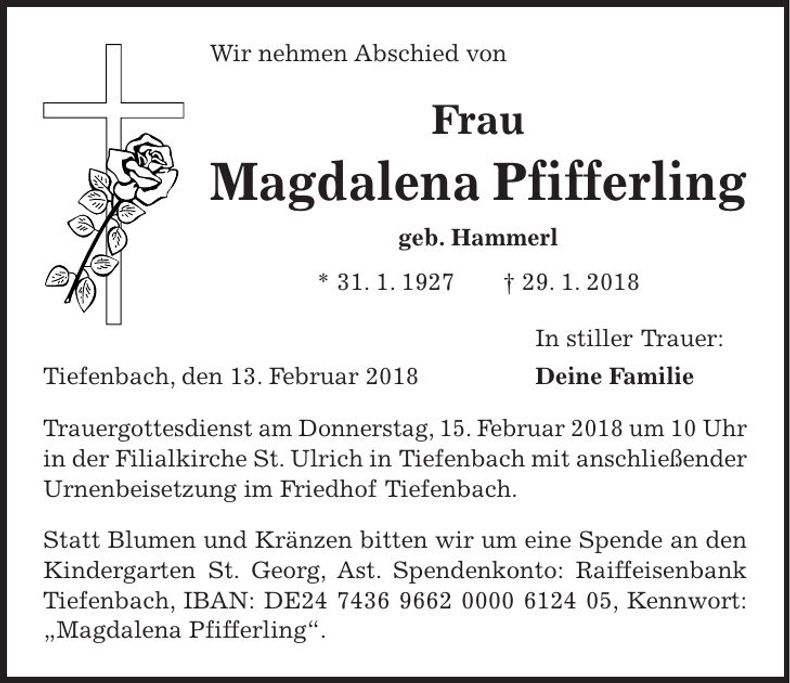 Traueranzeige Magdalena Pifferling