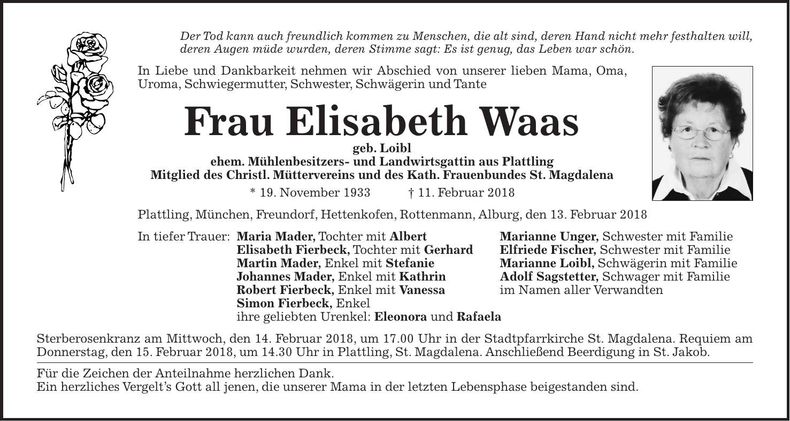 Traueranzeige Elisabeth Waas