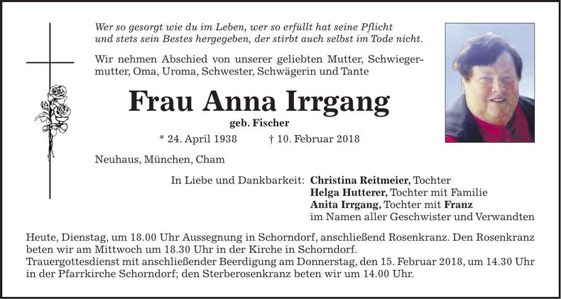 Traueranzeige Anna Irrgang