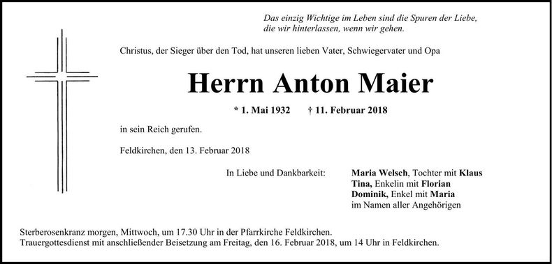 Traueranzeige Anton Maier