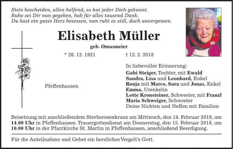 Traueranzeige Elisabeth Müller