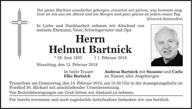 Traueranzeige Helmut Bartnick