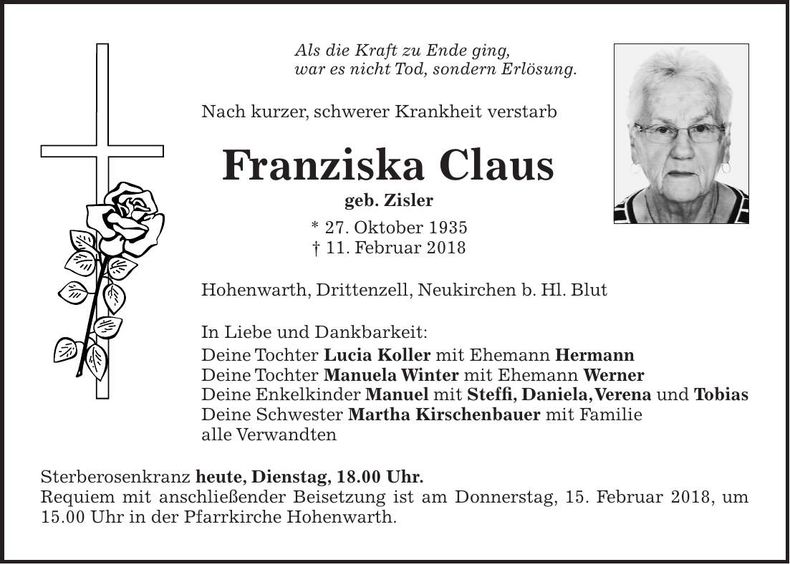Traueranzeige Franziska Claus