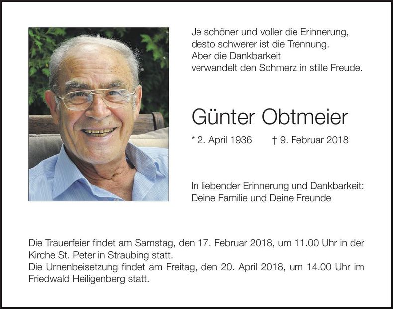 Traueranzeige Günter Obtmeier