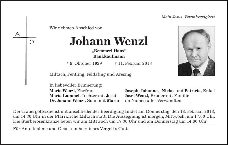 Traueranzeige Johann Wenzl