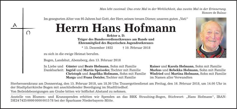 Traueranzeige Hans Hofmann