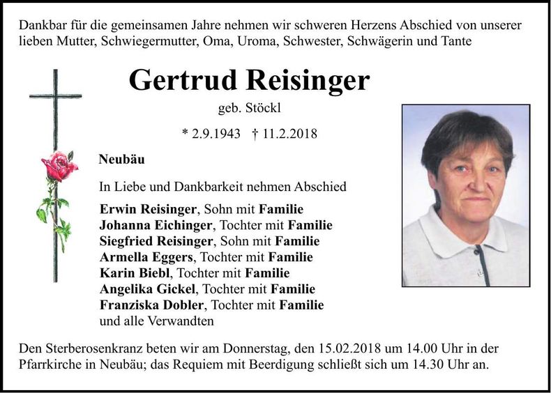 Traueranzeige Gertrud Reisinger