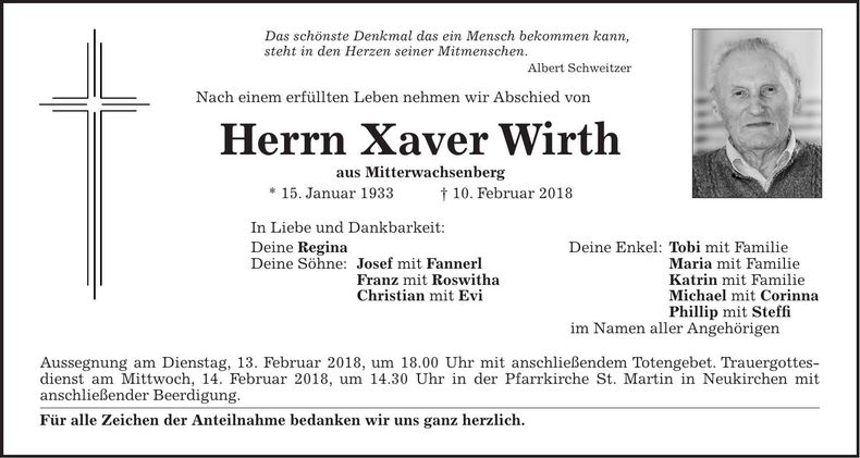 Traueranzeige Xaver Wirth