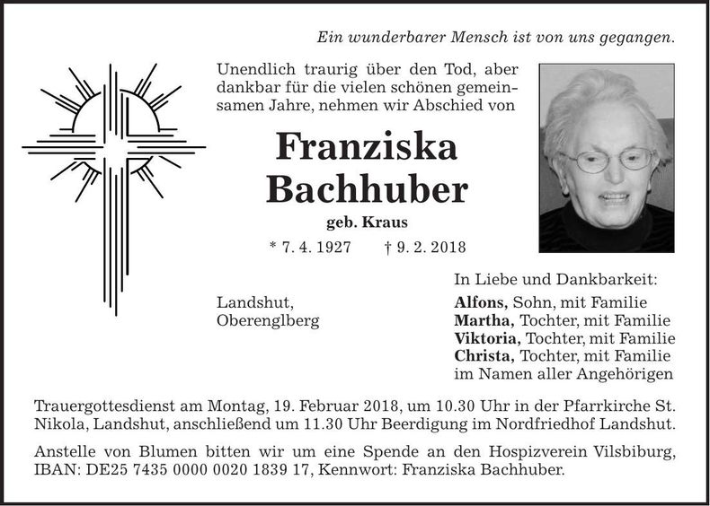 Traueranzeige Franziska Bachhuber