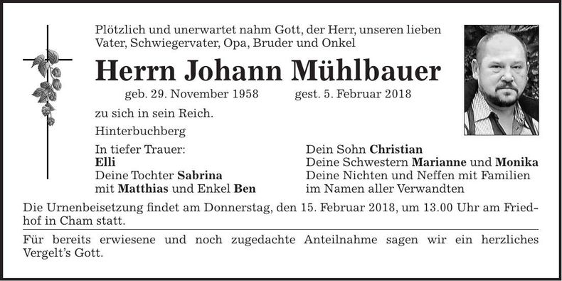 Traueranzeige Johann Mühlbauer