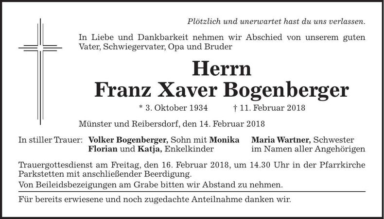 Traueranzeige Franz Xaver Bogenberger