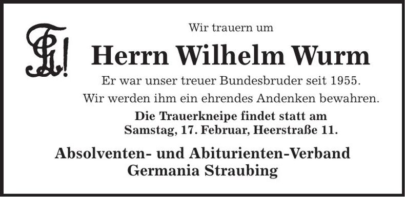 Traueranzeige Wilhelm Wurm