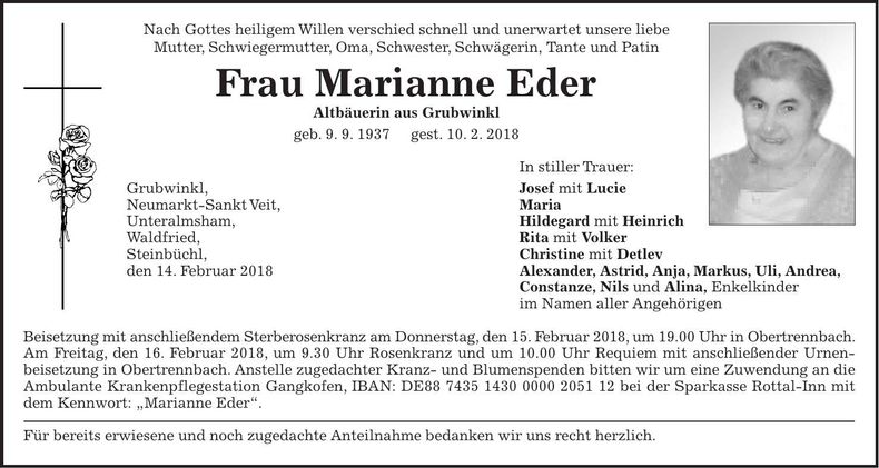 Traueranzeige Marianne Eder
