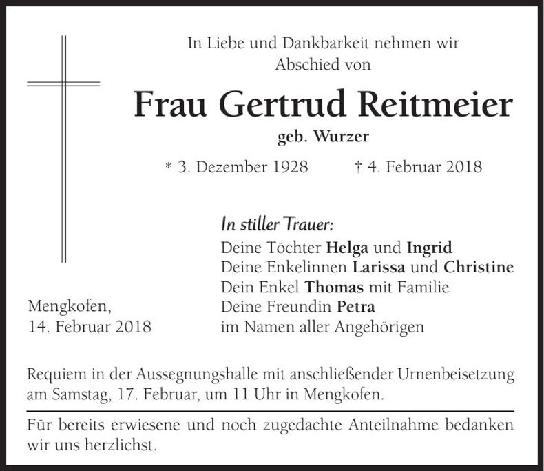 Traueranzeige Gertrud Reitmeier