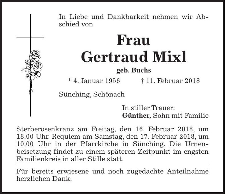 Traueranzeige Gertraud Mixl