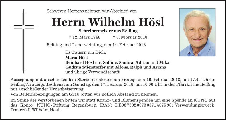 Traueranzeige Wilhelm Hösl