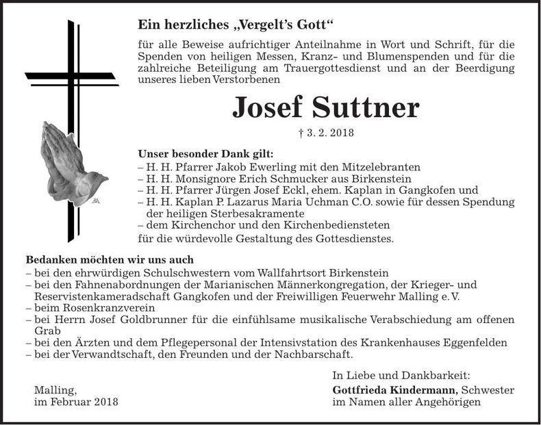 Traueranzeige Josef Suttner
