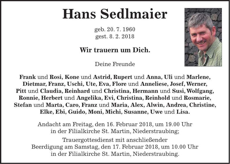 Traueranzeige Hans Sedlmaier