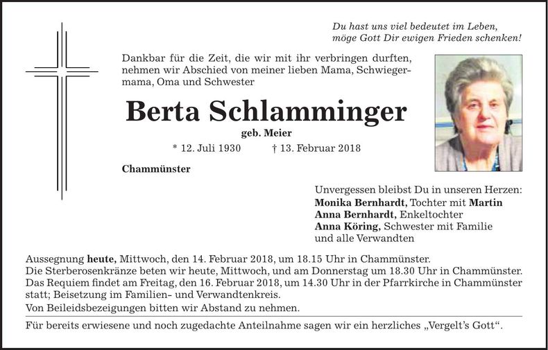 Traueranzeige Berta Schlamminger