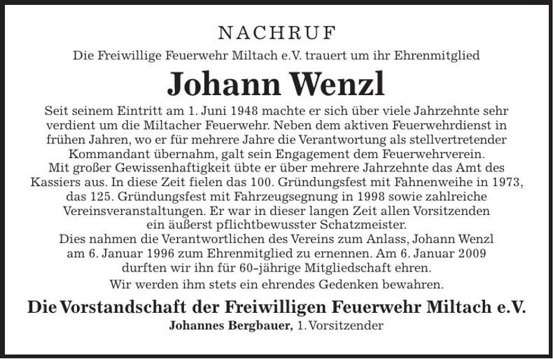 Traueranzeige Johann Wenzl