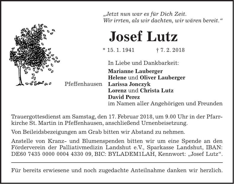 Traueranzeige Josef Lutz
