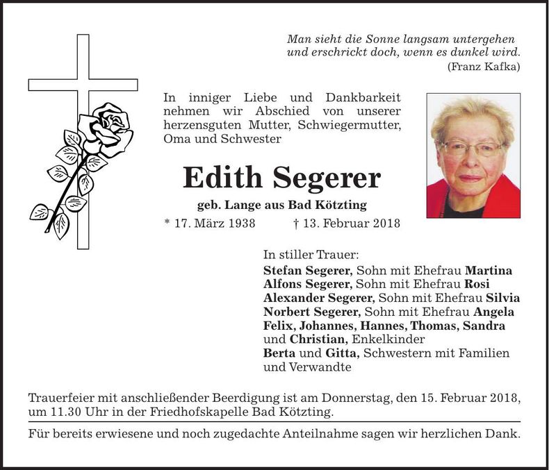 Traueranzeige Edith Segerer