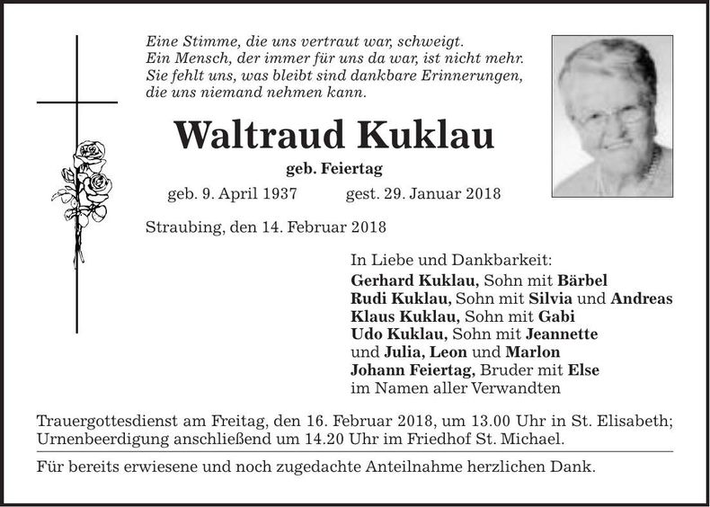 Traueranzeige Waltraud Kuklau