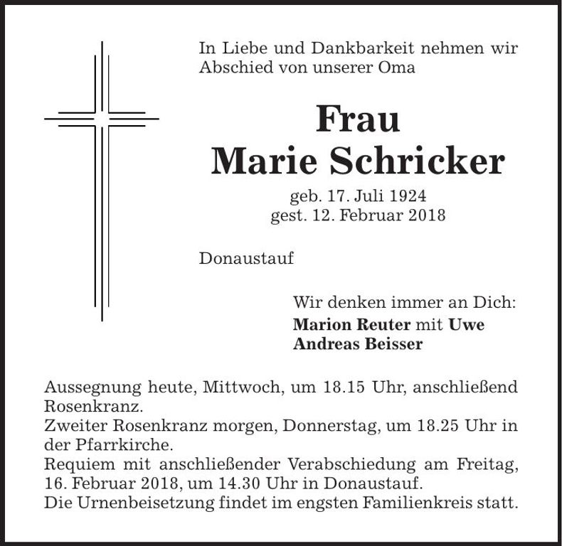 Traueranzeige Marie Schricker