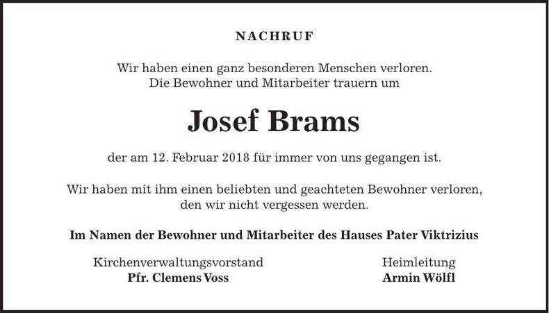 Traueranzeige Josef Brams