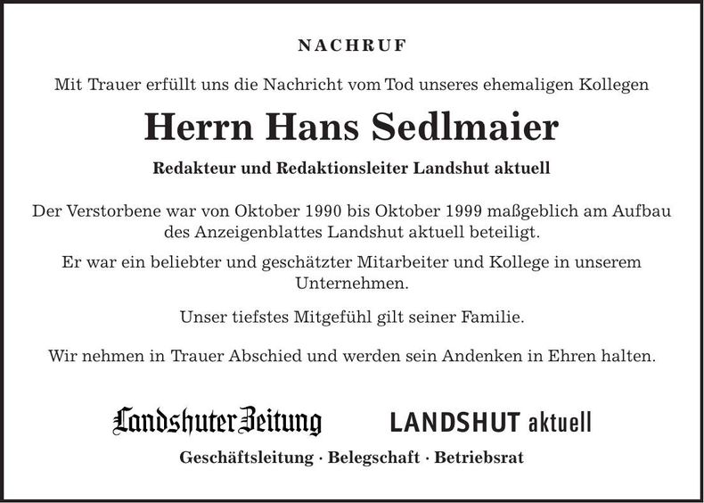 Traueranzeige Hans Sedlmaier