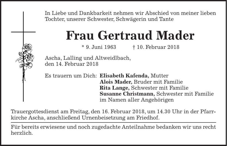 Traueranzeige Gertraud Mader