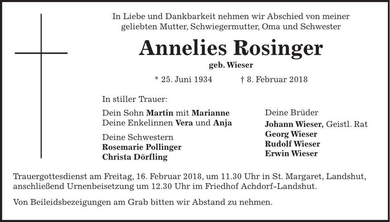 Traueranzeige Annelies Rosinger