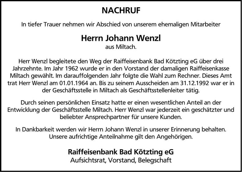 Traueranzeige Johann Wenzl