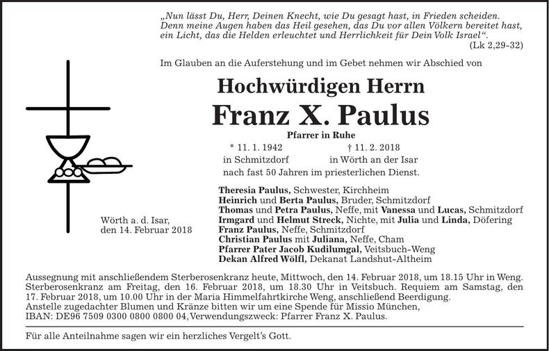 Traueranzeige Franz X. Paulus