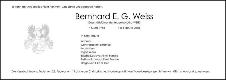 Traueranzeige Bernhard E. G. Weiss